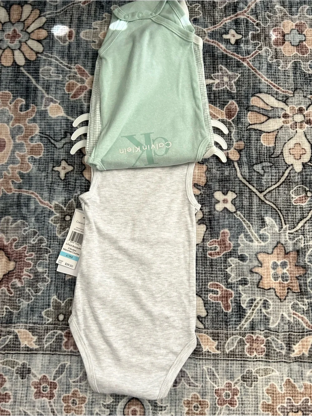 ✅ Calvin Klein Baby 3-Pack Bodysuits 6-9M NWT Gray Mint Check CK Logo